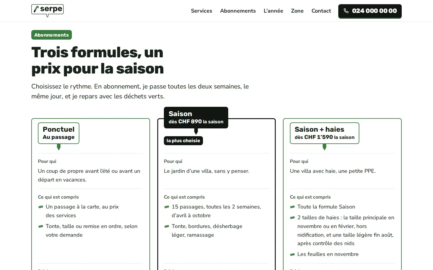 Les trois formules d’abonnement du site Serpe en cartes blanches comparables, Ponctuel, Saison et Saison + haies, chacune coiffée d’une grande étiquette de plante avec son prix, la formule Saison mise en avant par une étiquette noire et la mention « la plus choisie »