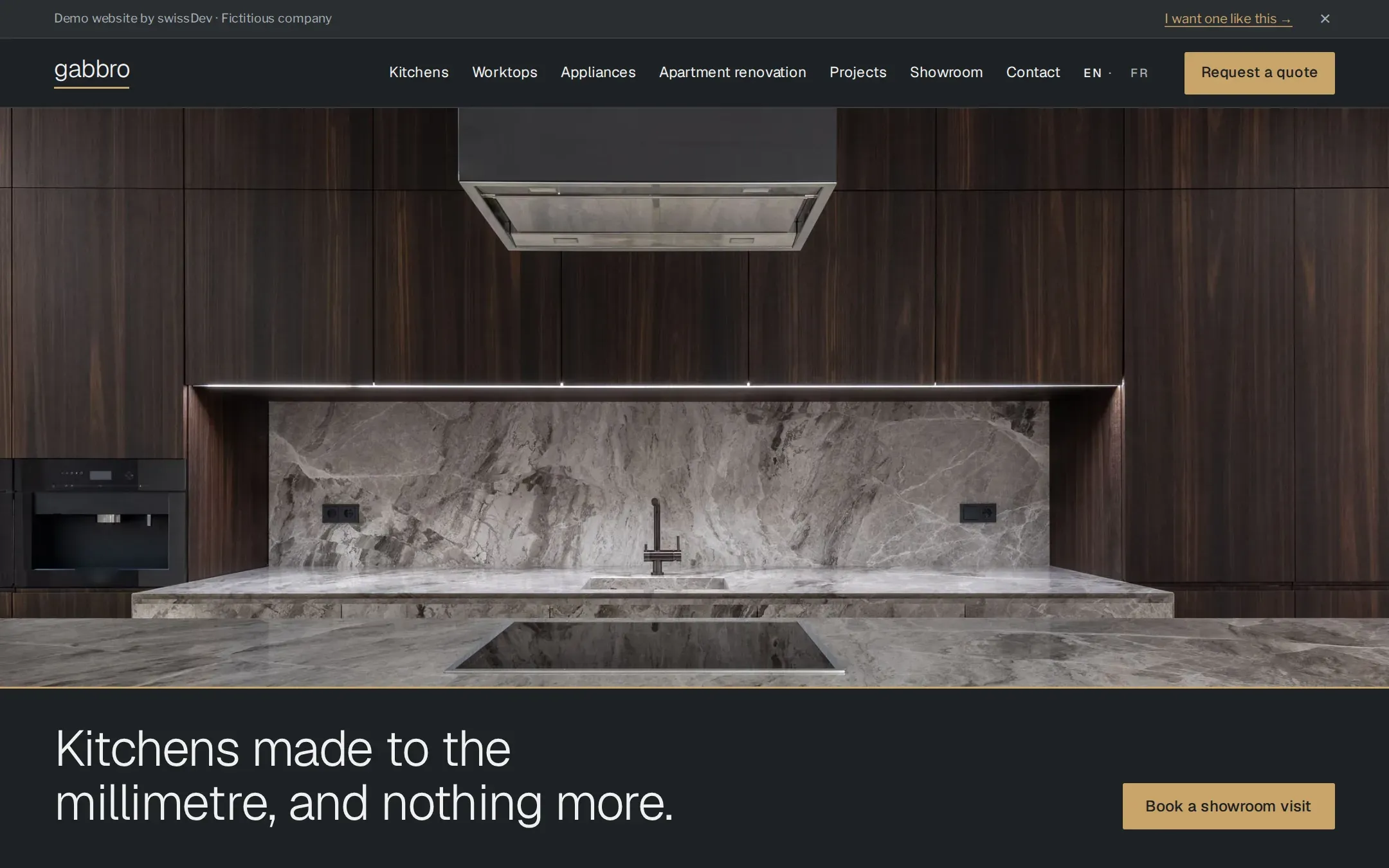 Version anglaise de la page d’accueil de Gabbro, bespoke kitchens in Geneva