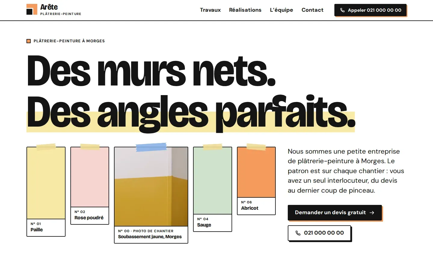 Page d’accueil du site de démonstration Arête, un très grand titre noir sur fond blanc au-dessus d’un nuancier de cartes de teinte paille, rose, sauge et abricot