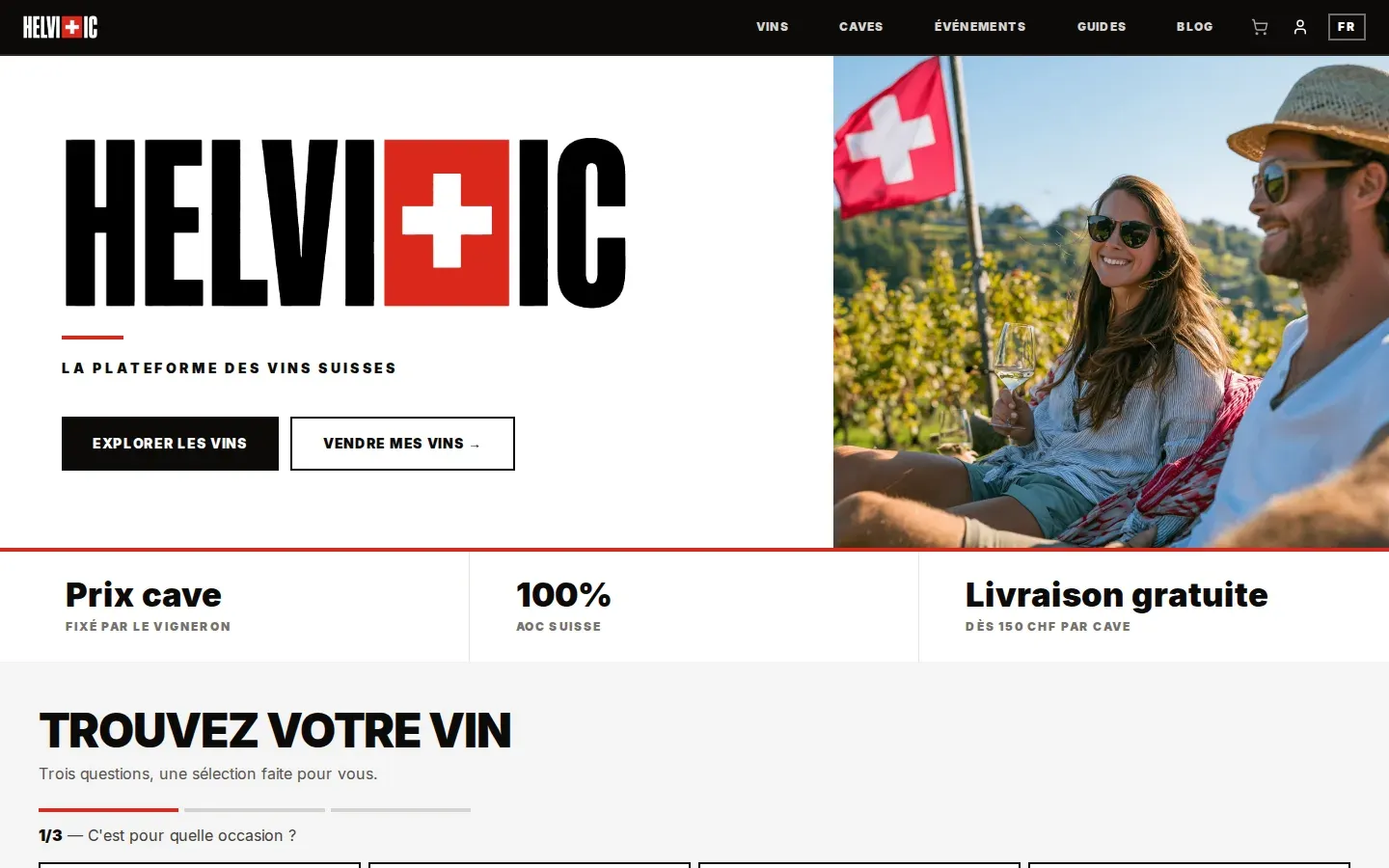 Page d’accueil d’Helvitic, le logo avec la croix suisse et une photo de deux amateurs de vin dans les vignes