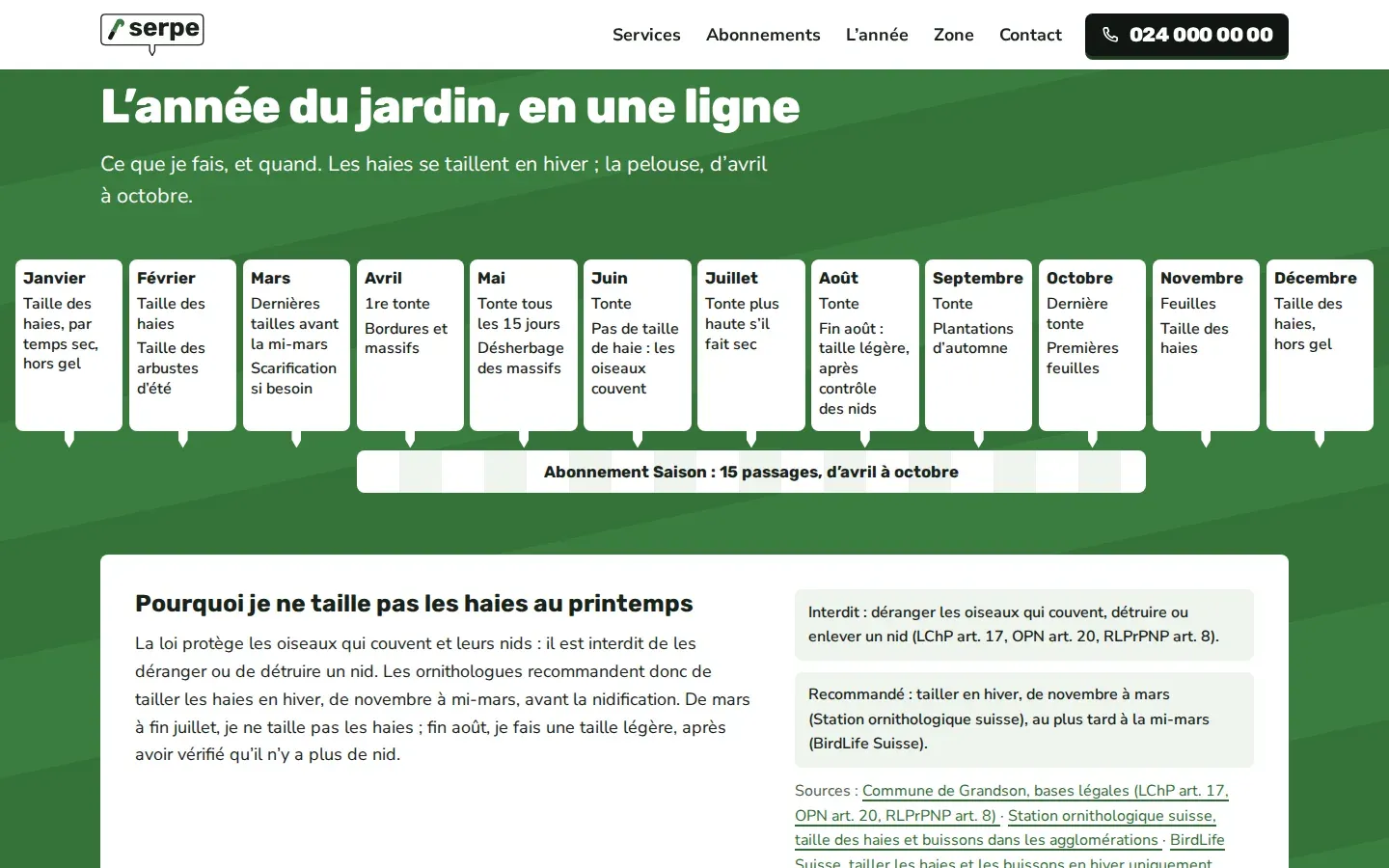 L’année du jardin en une ligne, douze étiquettes de plante blanches de janvier à décembre avec les tâches de chaque mois, une bande « Abonnement Saison » sous les mois d’avril à octobre, puis l’encadré « Pourquoi je ne taille pas les haies au printemps » avec ses sources