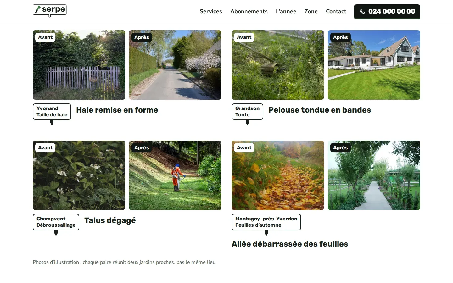 Section avant/après du site Serpe, des paires de photos côte à côte marquées « Avant » et « Après », une haie envahie puis une haie taillée droite, une herbe haute puis une pelouse tondue en bandes, chaque paire avec une étiquette de plante indiquant la commune et le service