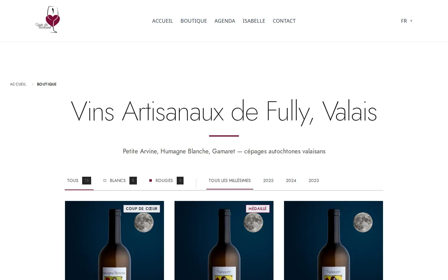 Boutique en ligne de la Cave du Bonheur, avec les filtres par couleur et par millésime et les bouteilles