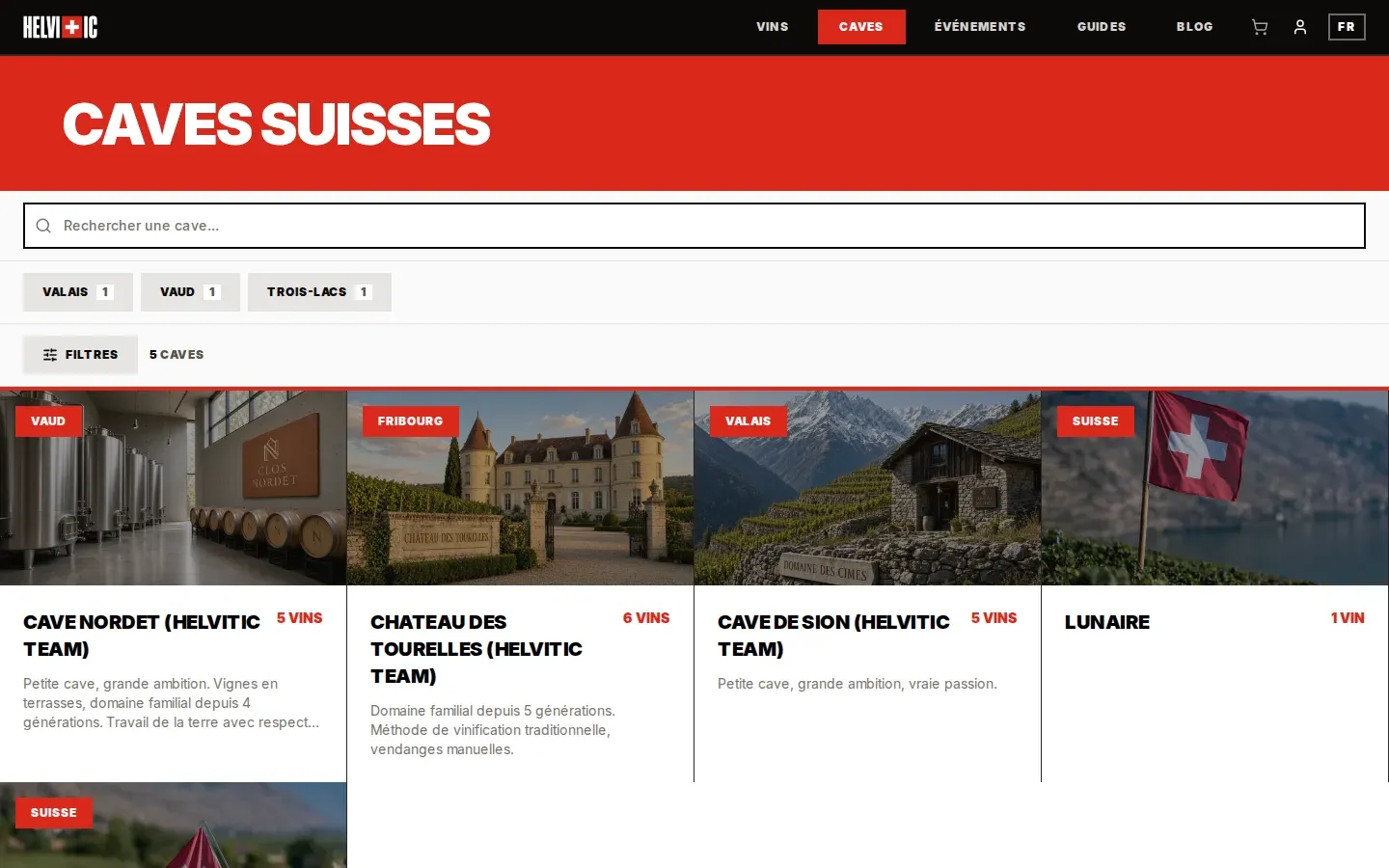 Page des caves suisses d’Helvitic, avec une carte par cave, son canton et son nombre de vins