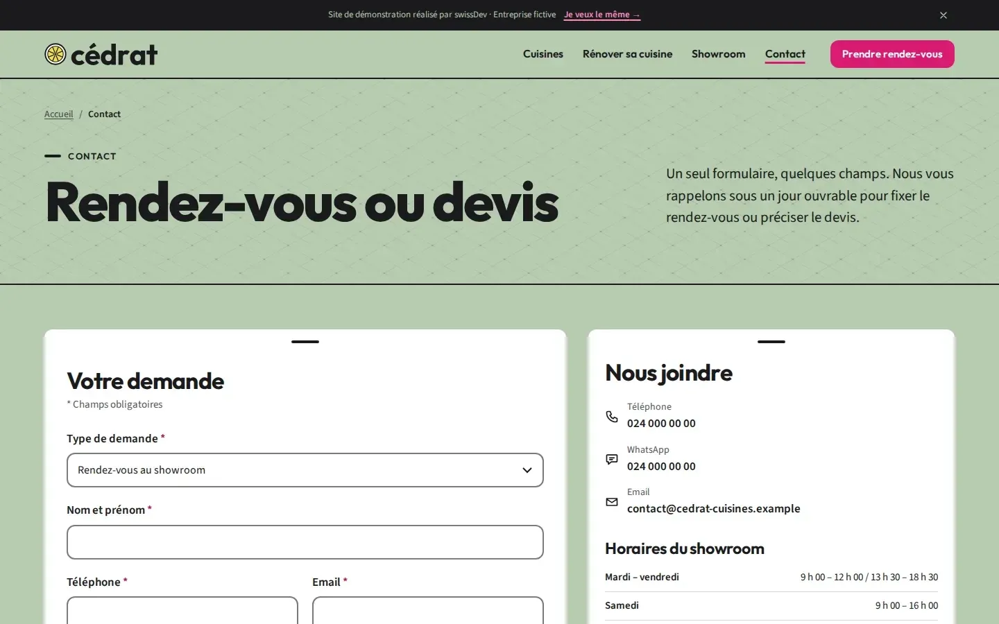 Page « Rendez-vous ou devis » du site Cédrat, le formulaire de demande à gauche et les coordonnées et horaires du showroom à droite