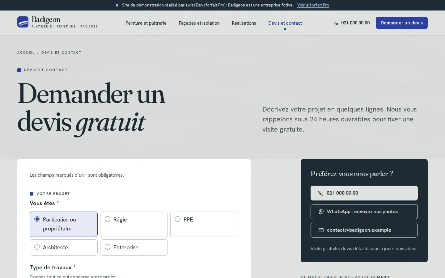 Formulaire de demande de devis du site Badigeon