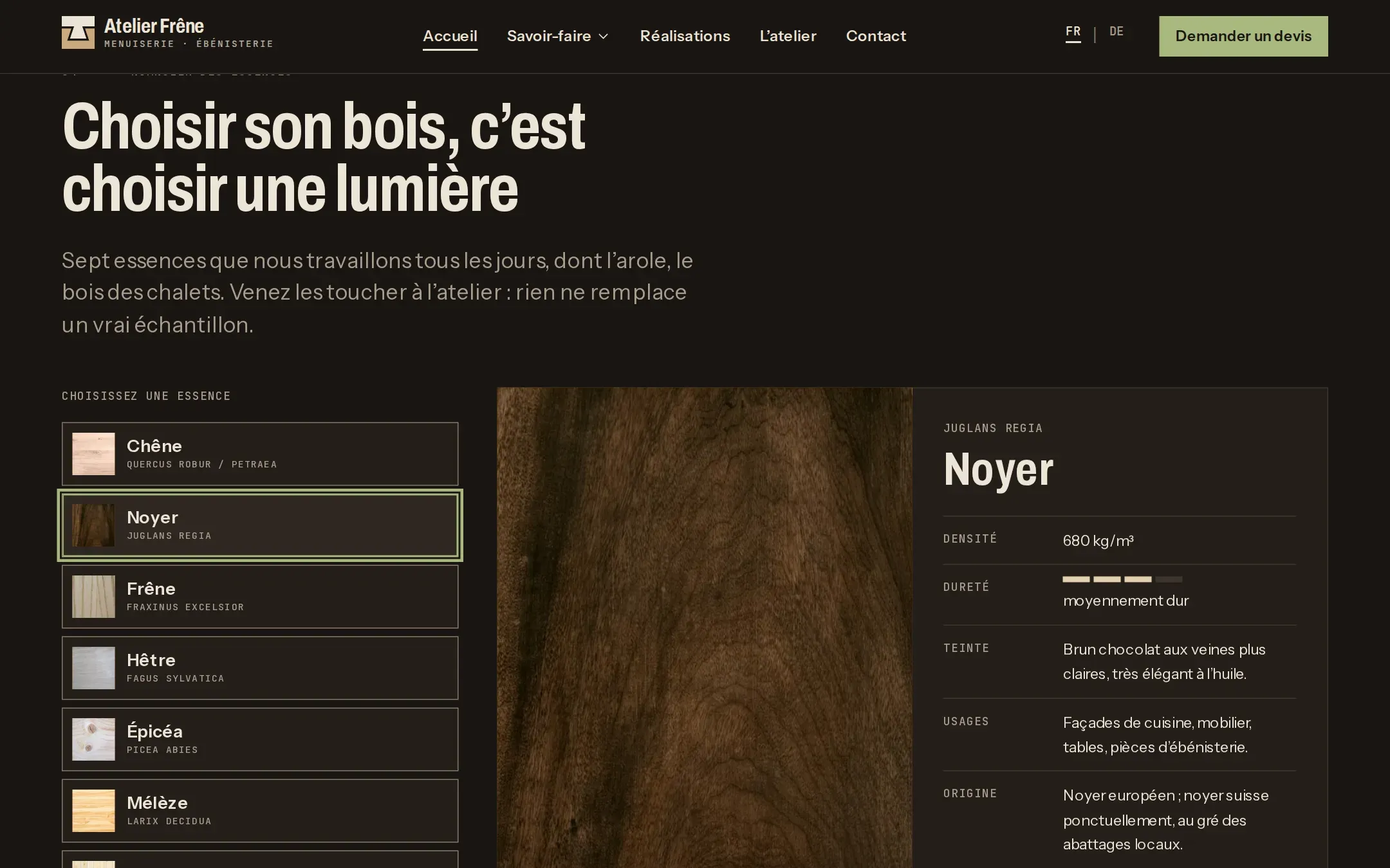 Nuancier interactif des essences de bois, avec la fiche du noyer
