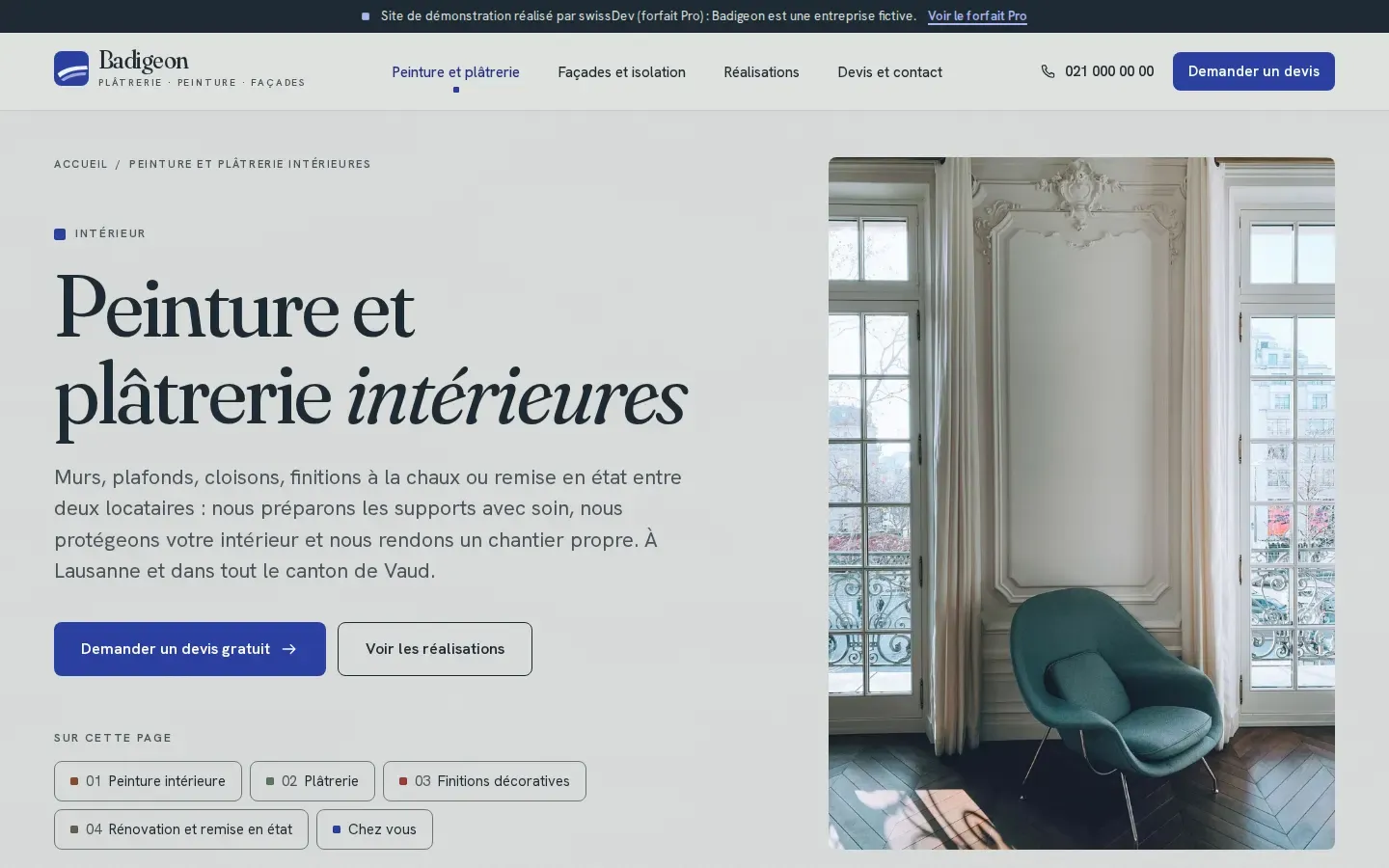 Page Peinture et plâtrerie du site Badigeon, avec les prestations et leurs prix « dès »