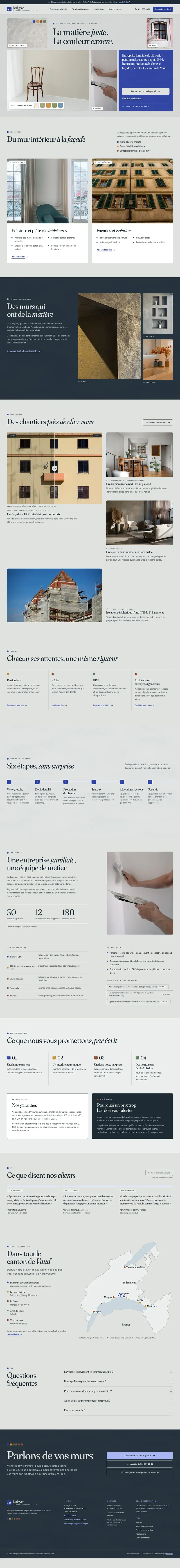 Page d’accueil du site de démonstration Badigeon, une mosaïque de photos de chantier sur fond gris enduit, avec le titre et un encadré bleu outremer