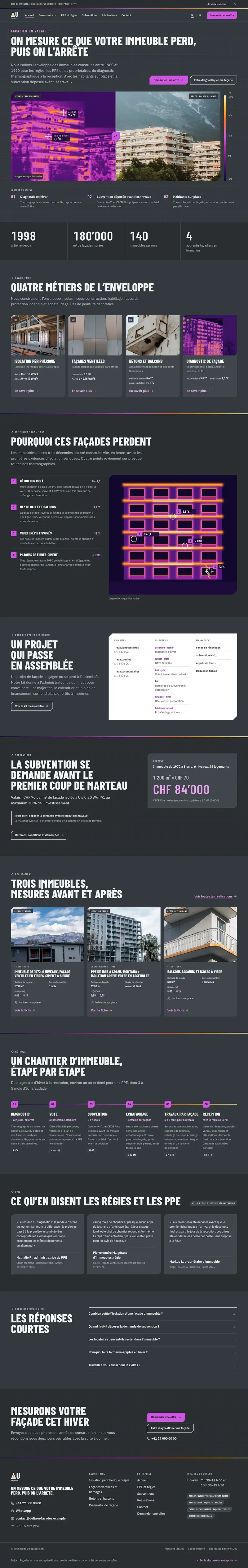 Page d’accueil de Delta U Façades avec le comparateur entre l’image thermique d’immeubles et la photo après travaux