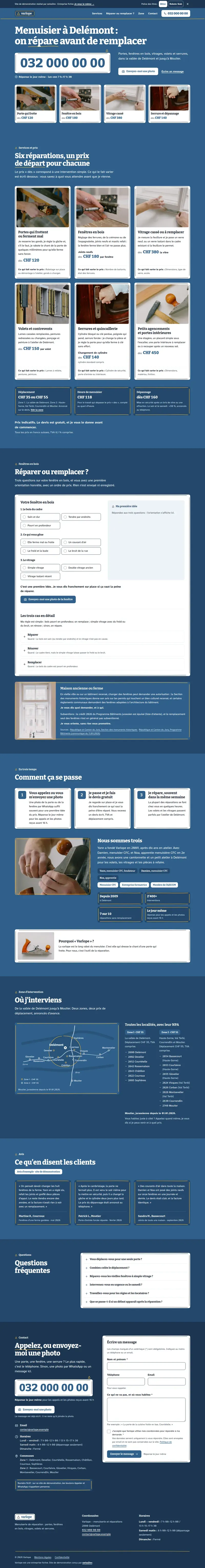 Page d’accueil du site de démonstration Varlope sur fond bleu de travail, le titre « Menuisier à Delémont, on répare avant de remplacer », le mot « répare » souligné au crayon, le numéro de téléphone en très grand dans une étiquette blanche au contour tracé au crayon, surmontée d’un petit triangle jaune, et quatre cartes blanches avec photo et prix « dès »