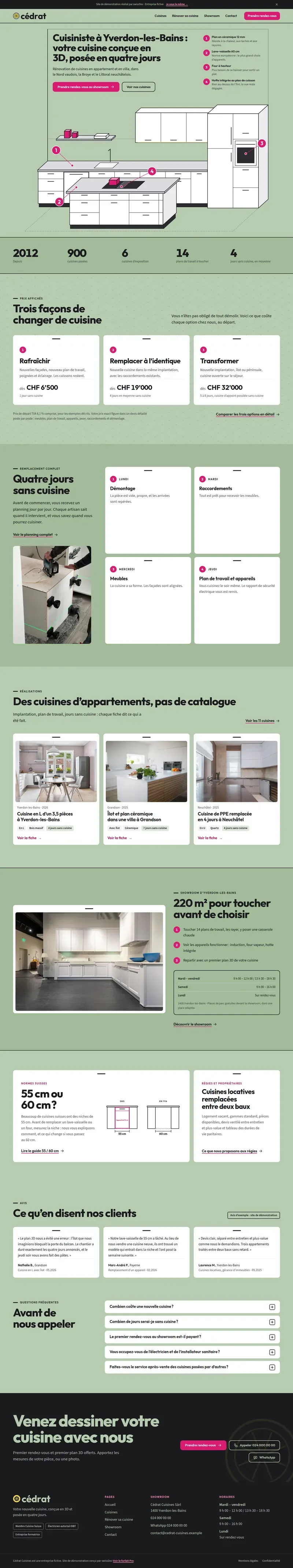 Page d’accueil du site de démonstration Cédrat, un dessin axonométrique au trait d’une cuisine en L avec îlot sur fond vert sauge, avec le titre posé sur le mur et quatre repères framboise numérotés