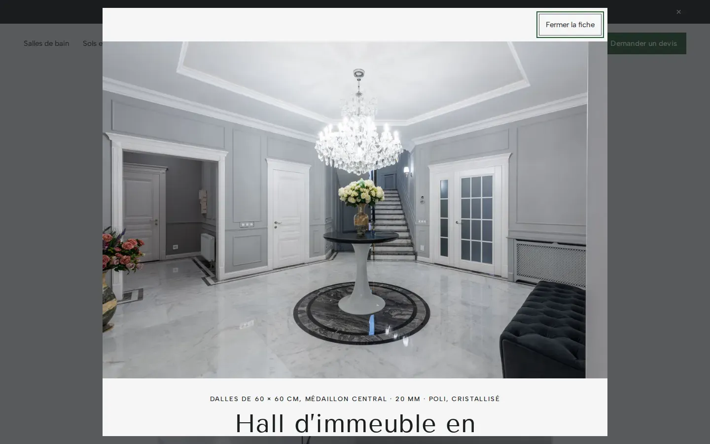 Fiche d’un hall d’immeuble en marbre poncé et cristallisé à Lausanne, ouverte dans la galerie du site Veine, avec la photo du hall et l’étiquette « Dalles de 60 × 60 cm, médaillon central · 20 mm · poli, cristallisé »