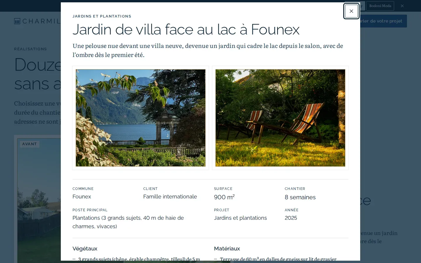 Fiche d’un jardin de villa face au lac à Founex ouverte dans la galerie du site Charmille, avec deux photos en passe-partout, la commune, le type de client, la surface de 900 m², les 8 semaines de chantier et le poste principal