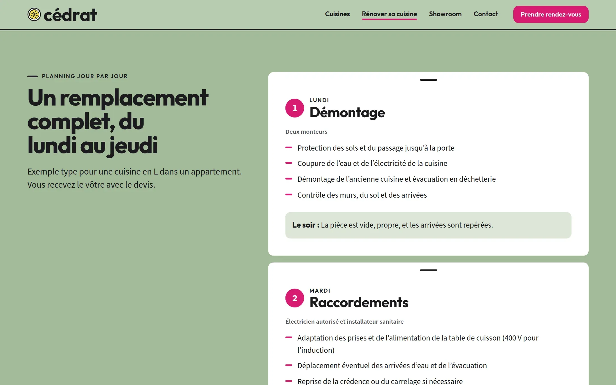 Planning jour par jour d’une rénovation sur le site Cédrat, le titre « Un remplacement complet, du lundi au jeudi » à gauche et les cartes du lundi (démontage) et du mardi (raccordements) à droite