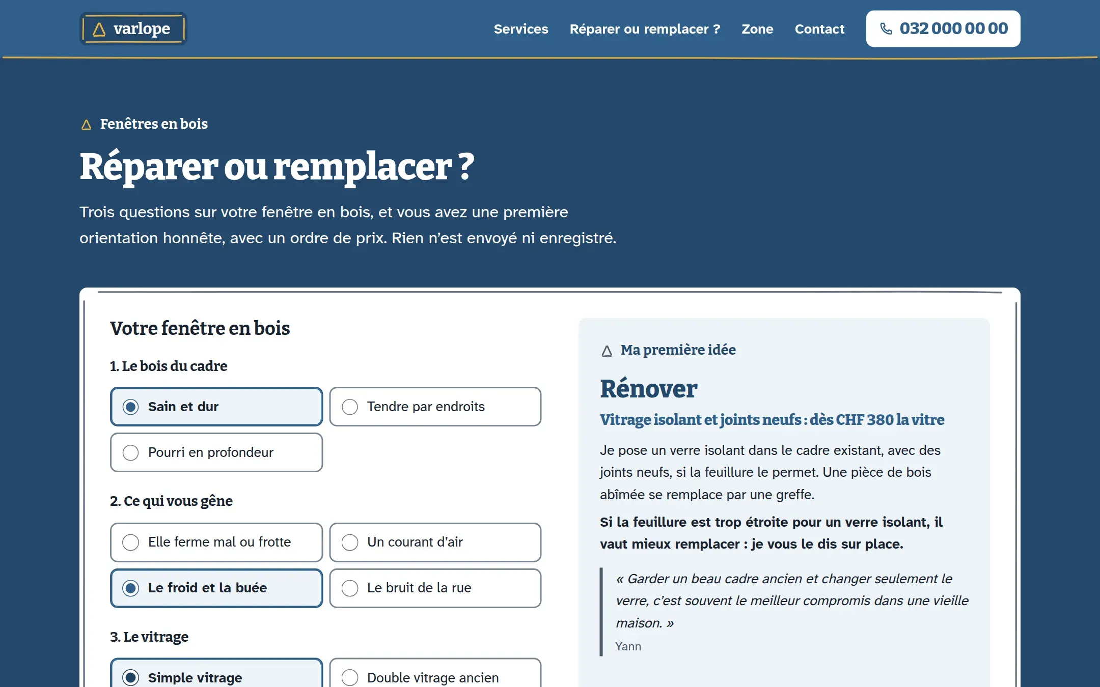 Outil « Réparer ou remplacer ? » dans une grande carte blanche, trois questions en boutons radio sur la fenêtre en bois et, à droite, l’orientation « Rénover » avec son prix de départ et une phrase du menuisier