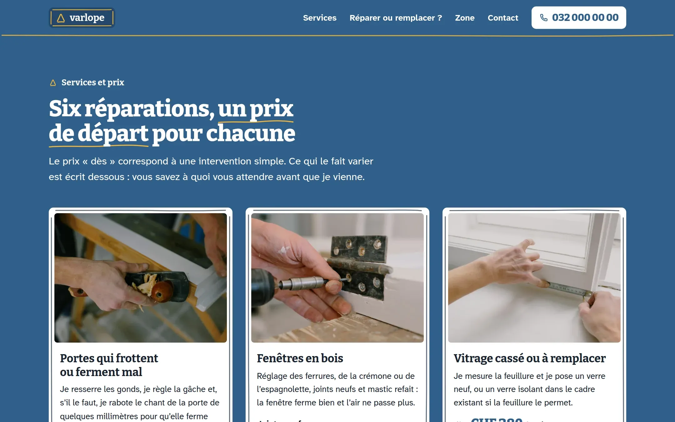 Section « Six réparations, un prix de départ pour chacune » du site Varlope, cartes blanches au contour tracé au crayon, chacune avec une photo de geste de réparation, un titre, un prix « dès » et ce qui fait varier le prix