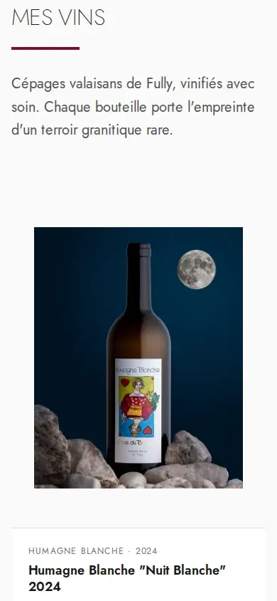 Section « Mes vins » de la Cave du Bonheur sur téléphone, avec la bouteille d’Humagne Blanche